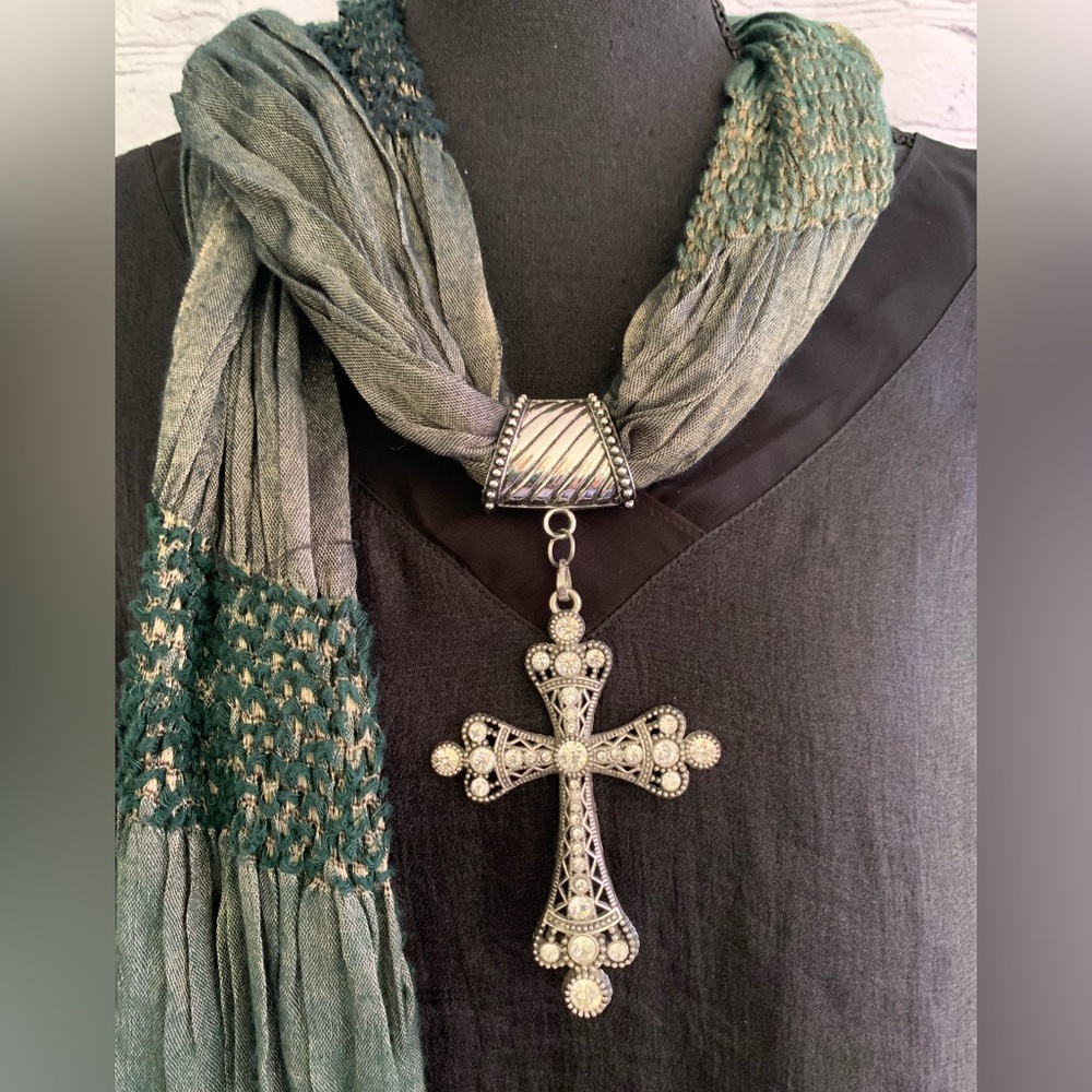 Silver Cross Scarf Charm Pendant with Rhinestone accents
